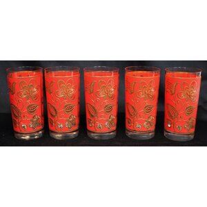 Vtg 1970s 5 Libbey Gold Red Tapestry Highball Glass Leaf Floral Tumblers